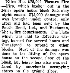 Niles Opera House - 24 FEBRUARY 1927 ARTICLE ON FIRE